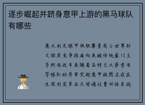 逐步崛起并跻身意甲上游的黑马球队有哪些
